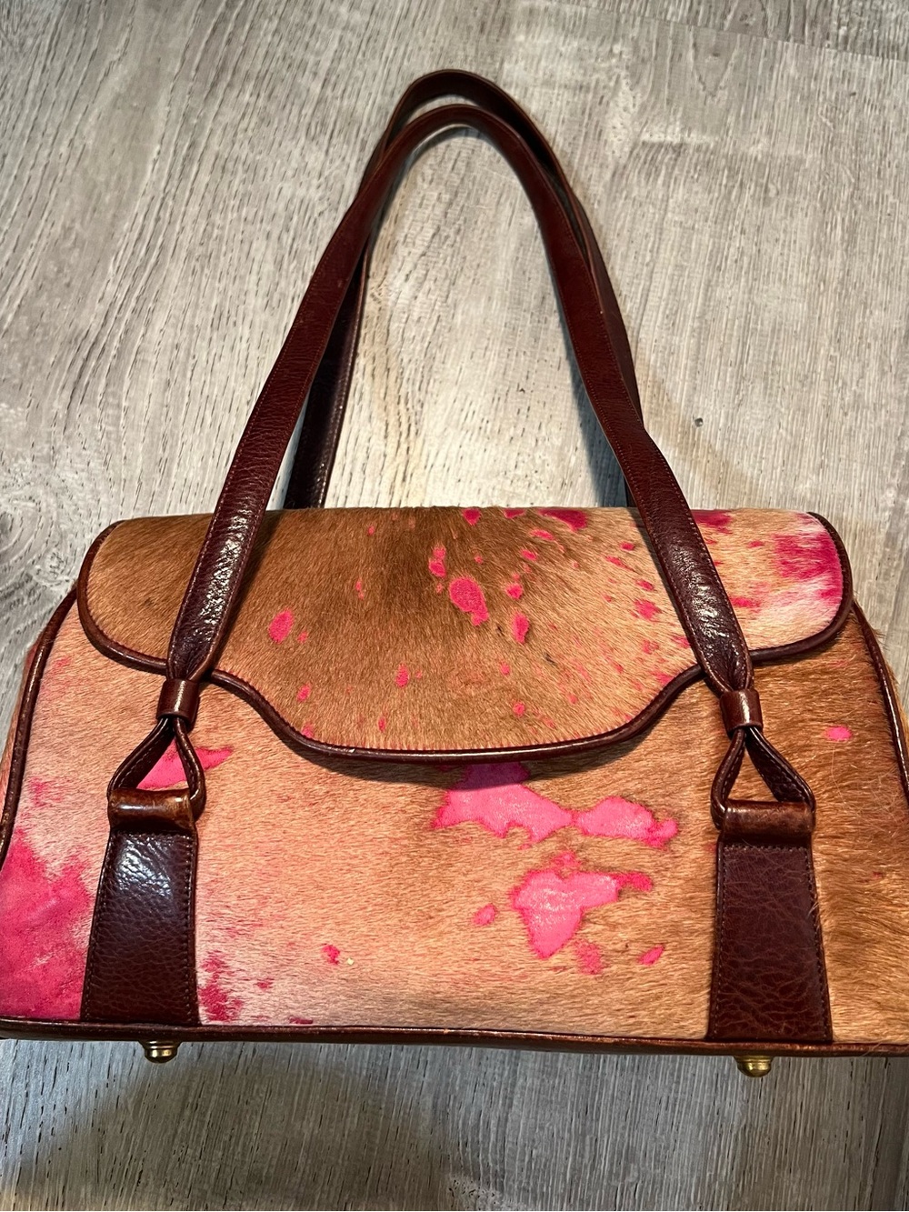 Brown Haircalf Shoulder Bag with Pink Accent Splotches